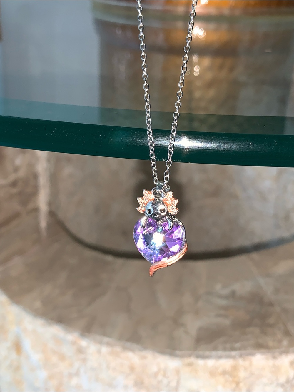 Silver Necklace with Iridescent Purple-Blue Heart Pendant